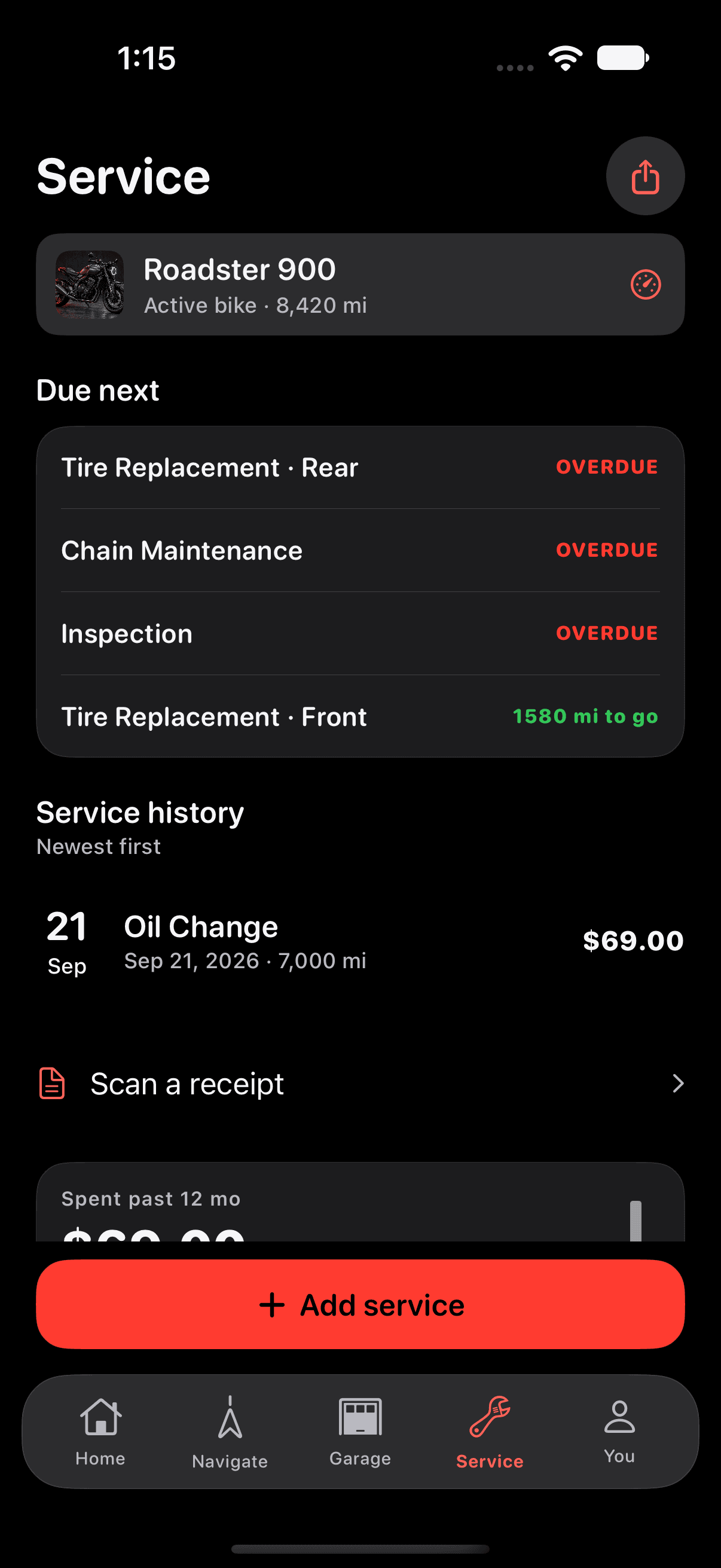 Unreleased ApexTracker service design, rendered in the native app with fictional records